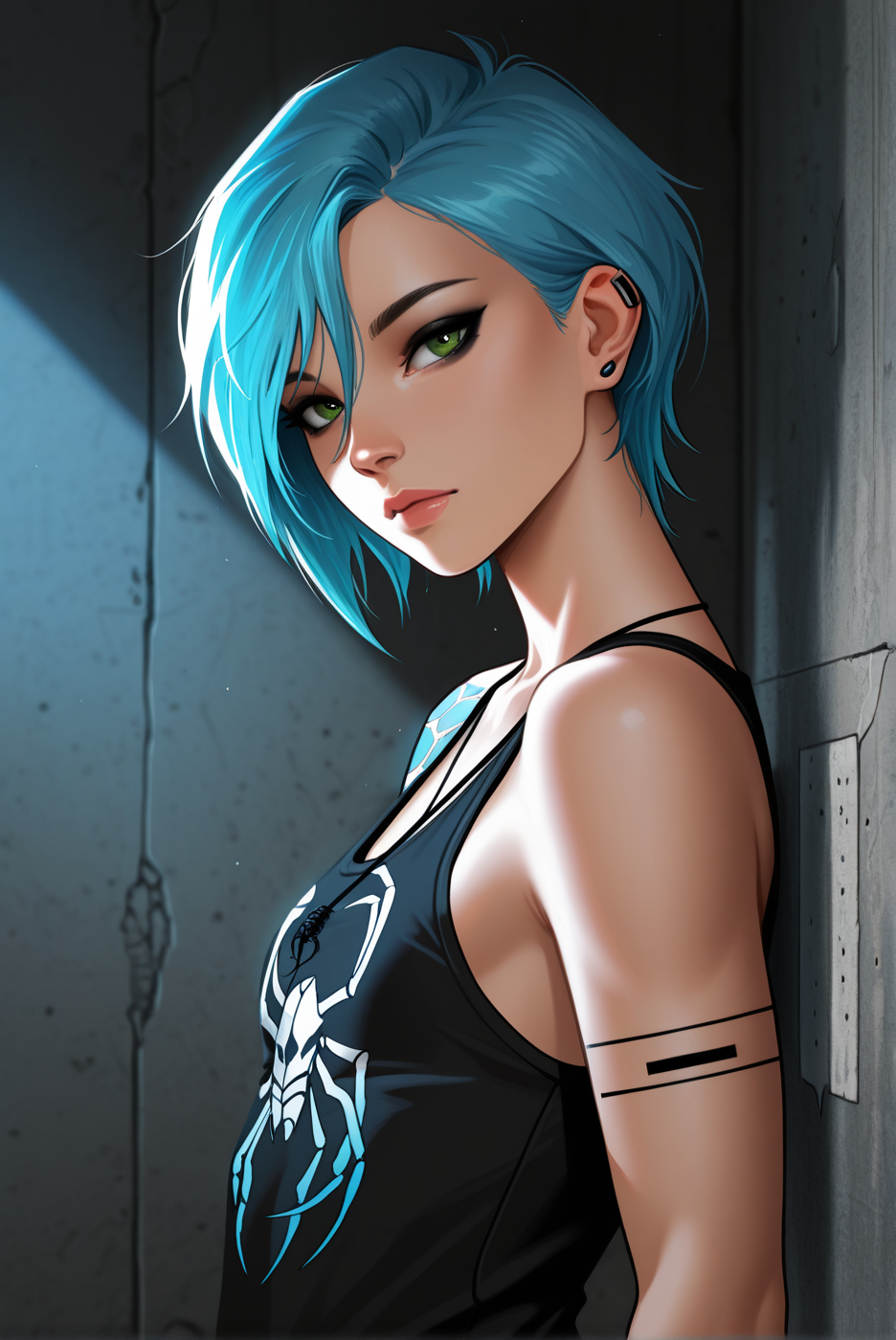 masterpiece,best quality,amazing quality,newest, absurdres, highres, detailed eyes, beautiful, perfect eyes, finely detailed face, very aesthetic, <lora:Zoe_Summers:1> 1girl, zoesummers, blue hair, short hair, green eyes, black eyeliner, tattoo, scorpion necklace, tattoo, arm tattoo, earrings, slim, small breasts,
large black tank top,
head and shoulders, close up, dynamic pose, half-closed eyelid, tilt head, looking at viewer,
concrete wal, scratch on wall, side view,, light depth, dramatic atmospheric lighting, Volumetric Lighting
