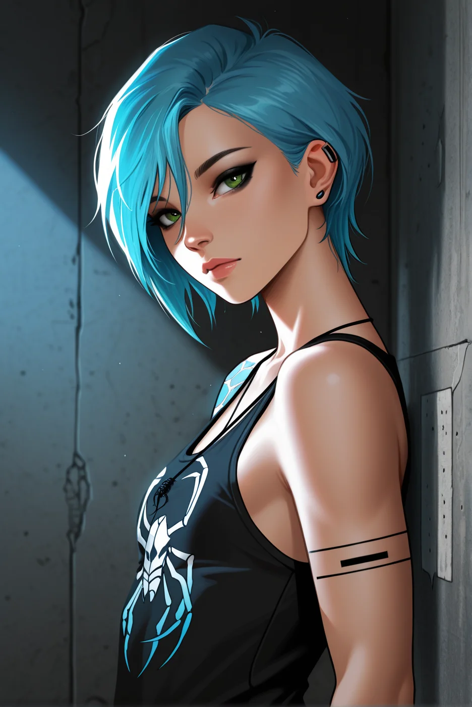 masterpiece,best quality,amazing quality,newest, absurdres, highres, detailed eyes, beautiful, perfect eyes, finely detailed face, very aesthetic, <lora:Zoe_Summers:1> 1girl, zoesummers, blue hair, short hair, green eyes, black eyeliner, tattoo, scorpion necklace, tattoo, arm tattoo, earrings, slim, small breasts,
large black tank top,
head and shoulders, close up, dynamic pose, half-closed eyelid, tilt head, looking at viewer,
concrete wal, scratch on wall, side view,, light depth, dramatic atmospheric lighting, Volumetric Lighting