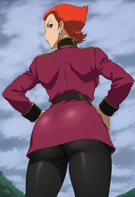 masterpiece, best quality, good quality, <lora:GOKycilia:1>, GOKyciliaE1, 1girl, short hair, orange hair, red eyes, earrings,
red military uniform, black leggings,
looking at viewer, ass focus, from behind, hands on own hips, legs apart, from below, looking back, (close-up,:1.1) 
BREAK colony sky, outdoors,