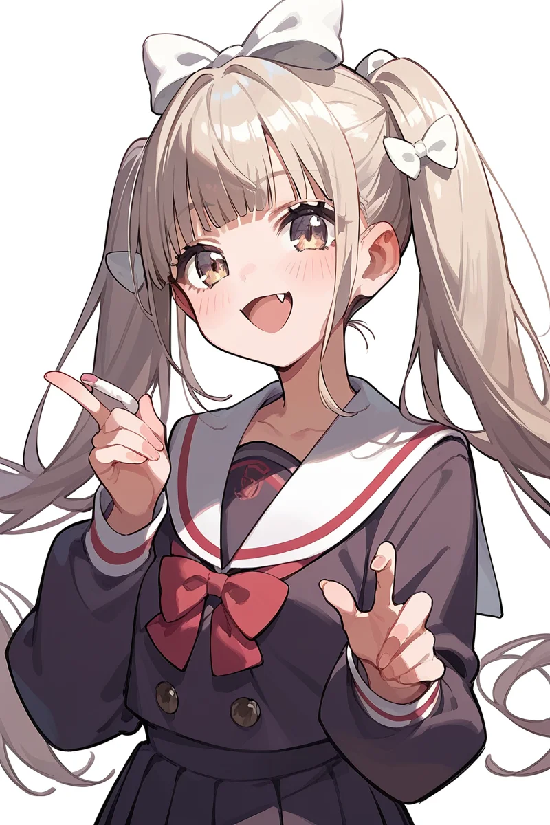 score_9, score_8_up, score_7_up, score_6_up, 1girl,
<lora:Shiratori_Kurumi:0.9> kurumi, long hair, hair bow, bangs, twintails, white bow, long sleeves, dark school uniform, fang,