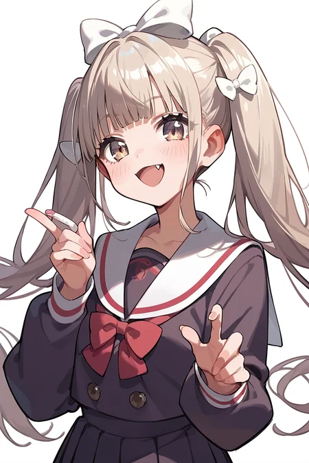 score_9, score_8_up, score_7_up, score_6_up, 1girl,
 <lora:Shiratori_Kurumi:0.9> kurumi, long hair, hair bow, bangs, twintails, white bow, long sleeves, dark school uniform, fang,