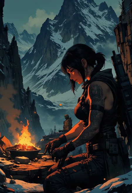 In the style of ff-td, nistyle, Silhouette Art, magnificent, crisp lines, closeup portrait of stunning mercenary, mountain top, overlooking a huge valley, beautiful girl, breasts, curvy, looking down scope, looking away from viewer, snipers nest, small campfire, cooking food, sniper rifle set up, dark braided hair, backwards hat, armor, sleeveless, arm sleeve tattoos, muscle tone, dogtags, sweaty, foreshortening, depth of field, at night, night, alpine, lightly snowing, dusting of snow,
Closeup, detailed face, freckles,