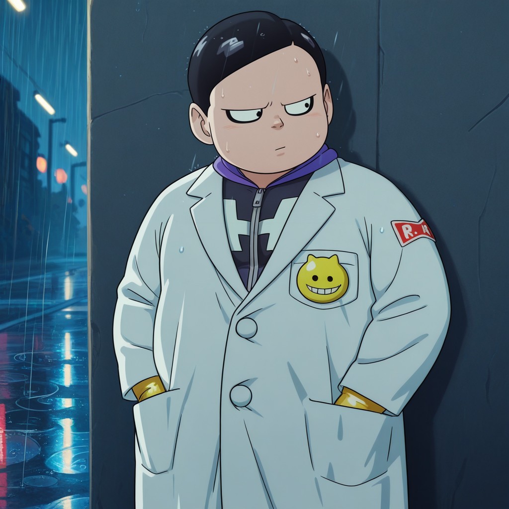 masterpiece, best quality, amazing quality, drhedo, 1boy, male, solo, human, short hair, black hair, black eyes, black eyeliner, short, chubby, purple and black costume, zipper, yellow gloves, yellow belt, yellow boots, white lab coat, blue pants, standing, hands in pockets, looking aside, against wall, outdoors, street, lights, rain, night