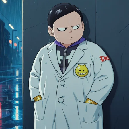 masterpiece, best quality, amazing quality, drhedo, 1boy, male, solo, human, short hair, black hair, black eyes, black eyeliner, short, chubby, purple and black costume, zipper, yellow gloves, yellow belt, yellow boots, white lab coat, blue pants, standing, hands in pockets, looking aside, against wall, outdoors, street, lights, rain, night