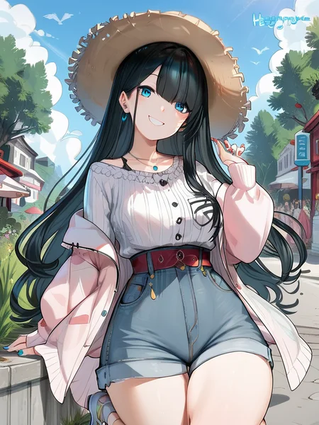 <lora:Haruka Onomachi_v1:1>Haruka Onomachi, 1girl, solo, shorts, shoes, smile, looking at viewer, denim, Straw hat, <lora:Line Art Style SDXL_LoRA_20r_20e_8i_nr32_a16_Pony Diffusion V6 XL:0.8><lora:Expressive_H:0.8> ExpressiveH score_9, score_8_up, score_7_up,