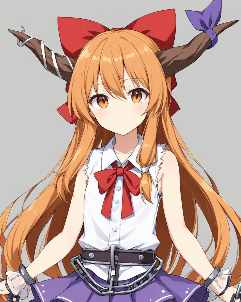 ibuki suika,1girl, solo, chain, alternate_hair_length, skirt, hair_bow, red_bow, white_shirt, horn_ribbon, looking_at_viewer, sleeveless_shirt, shackles, grey_background, closed_mouth, oni_horns, simple_background, torn_clothes
<lora:ibuki_suika_image9170_2023-12-11-000006:1>,star-shaped_pupils,symbol-shaped_pupils,. gorgeous,key visual, vibrant, studio anime,award-winning, professional, highly detailed,high budget, cinemascope