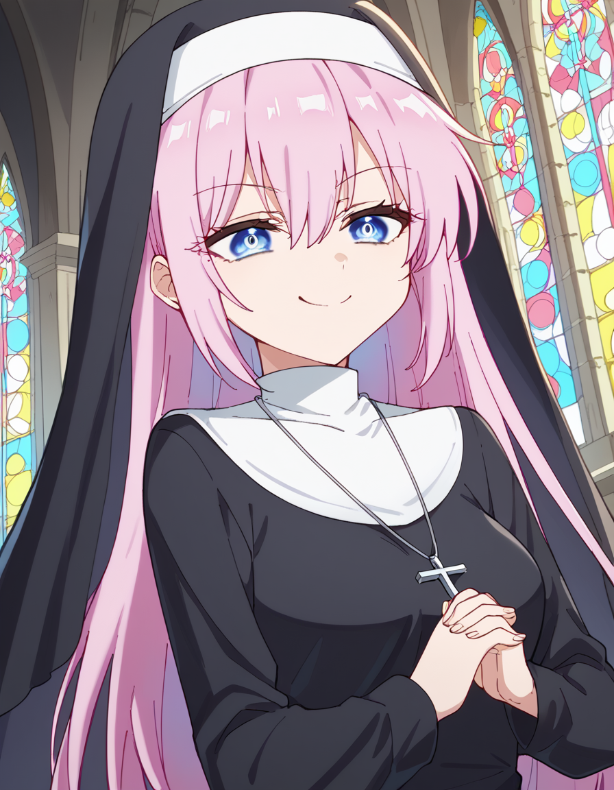 score_9, score_8_up, score_7_up, source_anime, <lora:miyako-shikimori-s1-ponyxl-lora-nochekaiser:1>, miyako shikimori, long hair, blue eyes, hair between eyes, pink hair, medium breasts,, <lora:traditional-nun-ponyxl-lora-nochekaiser:1>, traditional nun, nun, habit, long sleeves, dress, black dress, jewelry, black veil, cross, cross necklace,, church, smug, praying,, , dutch angle, cowboy shot