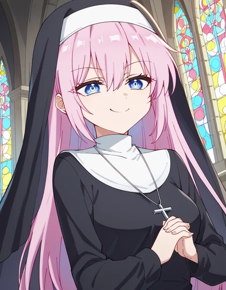 score_9, score_8_up, score_7_up, source_anime, <lora:miyako-shikimori-s1-ponyxl-lora-nochekaiser:1>, miyako shikimori, long hair, blue eyes, hair between eyes, pink hair, medium breasts,, <lora:traditional-nun-ponyxl-lora-nochekaiser:1>, traditional nun, nun, habit, long sleeves, dress, black dress, jewelry, black veil, cross, cross necklace,, church, smug, praying,, , dutch angle, cowboy shot
