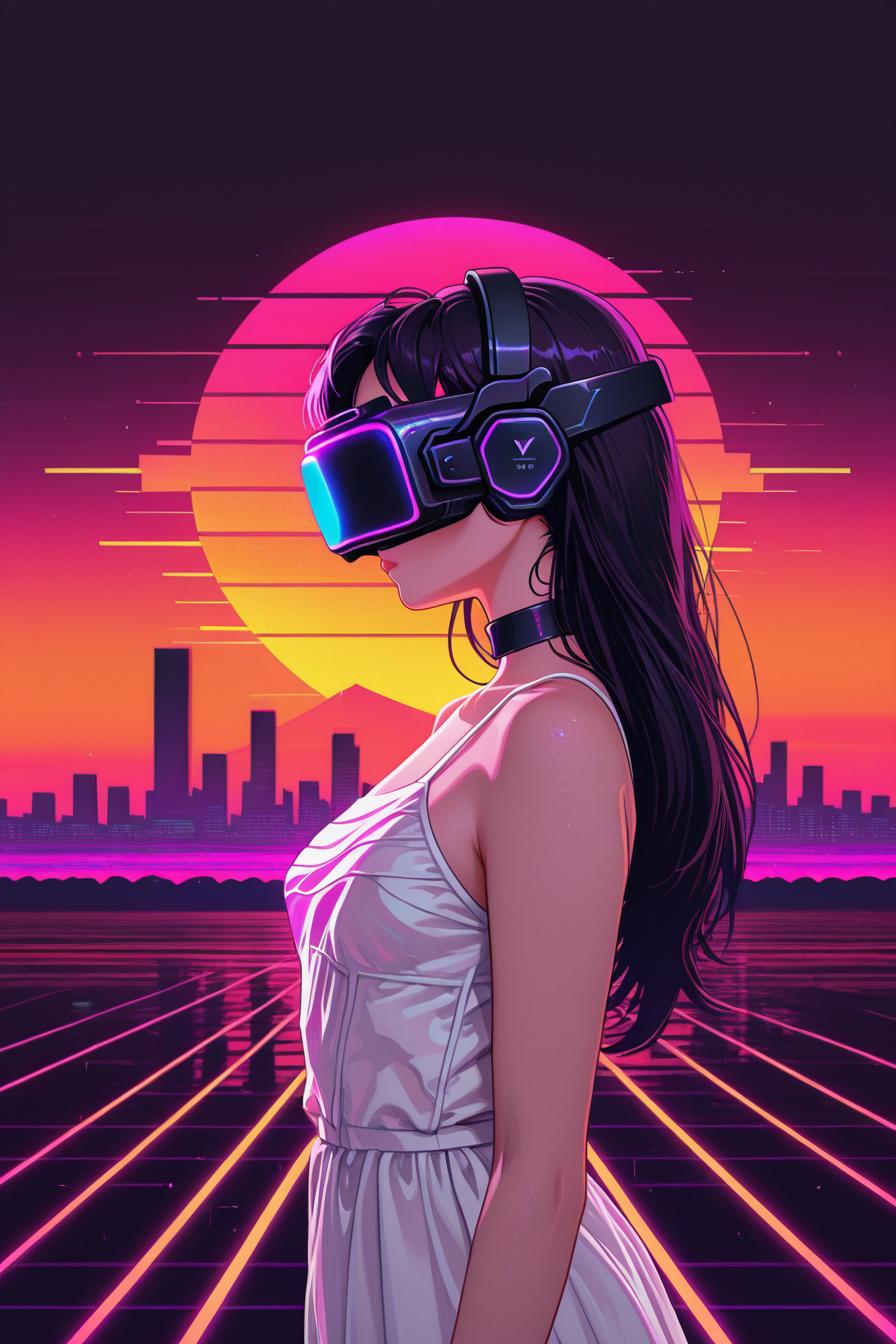 1girl, solo, alone, white dress, from side, vr headset,   <lora:synthwave_style_illustriousXL-000021:1>, synthwave_style, horizontal striped sun, masterpiece, highres