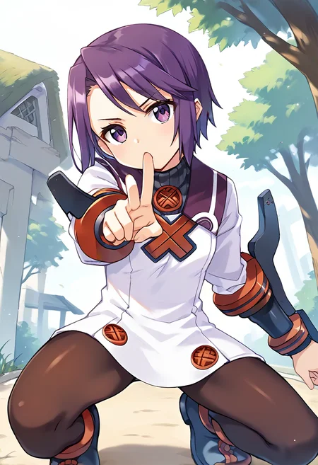 score_9, score_8_up, score_7_up, best quality, uncensored, source_anime, BREAK
1girl, toris(sn2), purple hair, short hair, purple eyes, white dress, long sleeves, toris(sn2) outfit, purple pantyhose, gauntlets, black shoes,
pov, Relieved, Mouth turned up slightly, eyes wide open, and a relaxed jaw., fighting stance, 
looking at viewer, outdoors, 
<lora:sdxl_lightning_8step_lora:1> <lora:toris(sn2)_XL(pony):1>