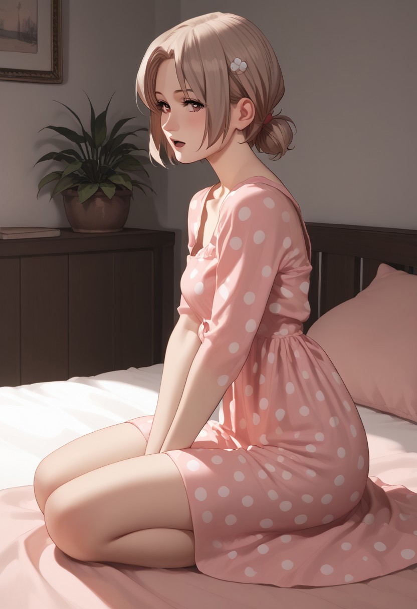 abbystea style, score_9, score_8_up, score_7_up, source_anime,hentai, anime,
gorgeous mature woman, milf body, beautiful eyes, tiny nose, light brown hair stylish hair cut,
wearing pink polka dot dress
in a pink bedroom, bed, pillow, sheets, 
side view, wide shot, open mouth, sitting pose