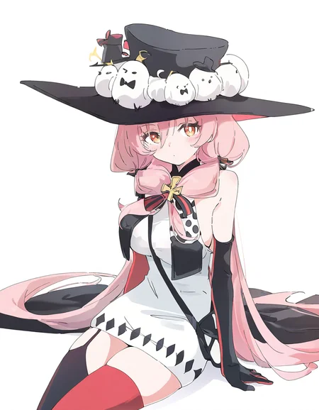 1girl,(simple background:1.1),(white background:1.2),solo,cowboy shot,qiaoshou,sitting,looking at viewer,<lora:qiaoshou-000012:0.8>,hat,asymmetric thighhighs,orange eyes,, masterpiece, best quality, very aesthetic, absurdres,newest, incredibly absurdres,, (Ixy:0.6)),(hiten \(hitenkei\):0.7),