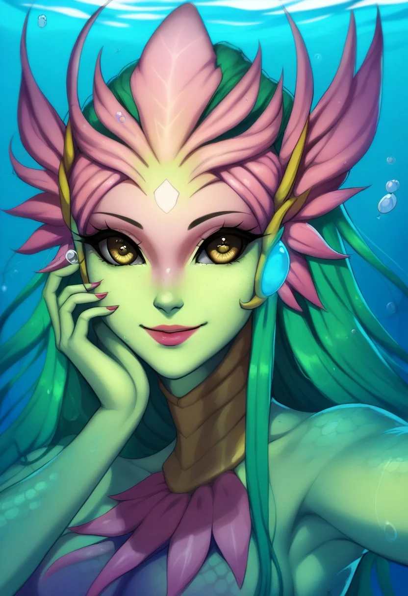 score_9, score_8_up, score_7_up, score_6_up, riv3rspiritn4mi, 1girl, monster girl, mermaid, green skin, colored skin, navel, yellow eyes, long hair, green hair, scales, shiny scales, <lora:River_Spirit_Nami_v2:0.7>, detailed eyes, detailed face, young face, perfect face, holding own hair, face focus, face close-up, upper body, adorasexy, looking at viewer, source_anime, eye_focus, close-up, solo, looking_at_viewer, fingernails, nail polish, pink lipstick, smile, suggestive smile, seductive smile, horny, ((underwater)), air bubbles, bubbles, water effect, underwater effect, selfie, covered nipples