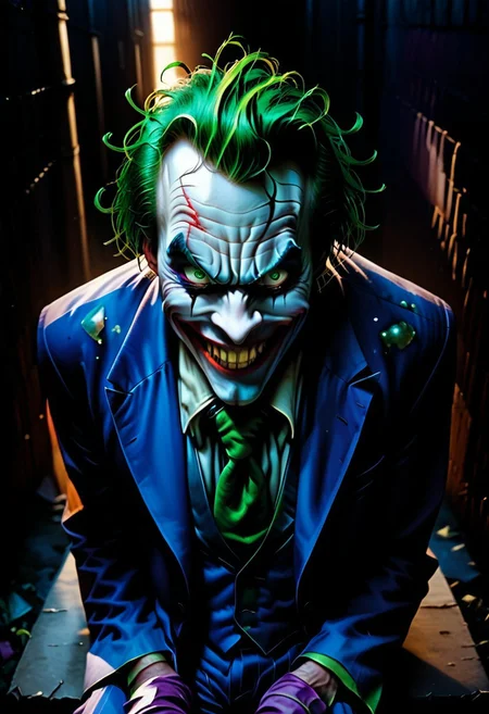 Score_9, score_8_up, score_7_up, rating_explicit, uncensored,
Break,
the joker, 1boy, solo, green hair, suit, smile, formal, necktie, gloves, green eyes, messy hair,
Break,
Joker outfit
Break,
(sitting:1.5),
Break,
(above view:1.5), (angry expression:1.3), (crazy eyes;1.3), (upper body focuse:1.7)
Break,
(Dark alleyway background:1.5),
Break,
(Painstakingly detailed:1.5), (8KHD), (professional artwork:1.4), (amazingly realistic:1.4)
Break,
(dark dramatic lighting:1.2), (night time:1.5), dramatic chiaroscuro lighting,
Break,
easynegative, ng_deepnegative_v1_75t, Expressiveh, verybadimagenegative_v1.3,