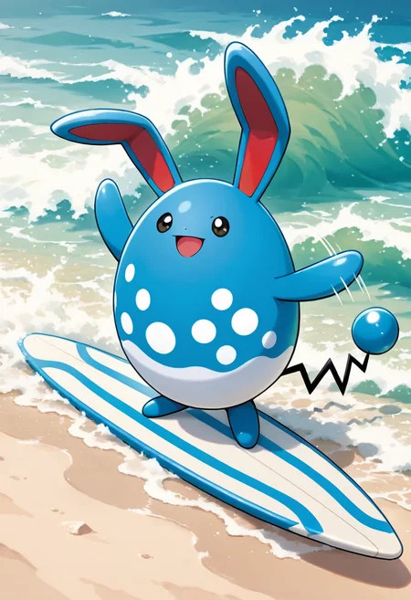 masterpiece, best quality,    <lora:AzumarillPokedexCardArt_IXL:0.8>,   zzAzumarill, smile, open mouth, standing, surfboard, surf, wave, motion lines,