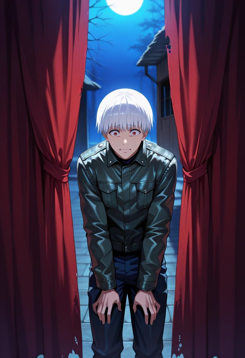 masterpiece, best quality, , , , 1boy, solo, male focus, <lora:ken_kaneki_ilxl:0.9>, ken_kaneki, white hair, , short hair, bangs, , , , haunted theater, dusty stage, torn curtains, old props, exploring pose, nervous expression, moonlight, Cargo joggers, Faux leather jacket, , ,