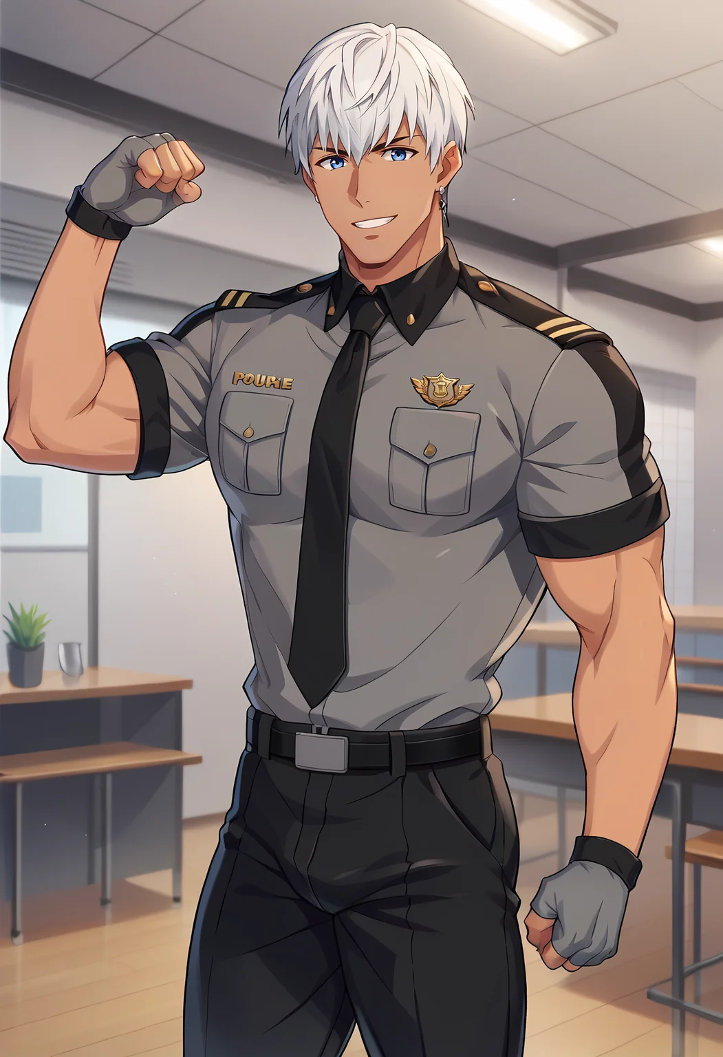 <lora:V2 CartoonyMen:1>, <lora:Oscar_Bale_-_Helios_Rising_Heroes:0.6>, score_9, score_8_up, score_7_up, 1boy, solo, male focus, flexing, masculine, (Cartoony), white hair, blue eyes, dark skinned male, earrings, oscarhelios, fingerless gloves, police uniform, black tie, grey gloves, black pants, bulge, plump pecs, male breasts, perfect proportions, perfect anatomy, smile, manly, handsome, macho, hunk, masculine, anime, BREAK
detailed background, indoors, police station