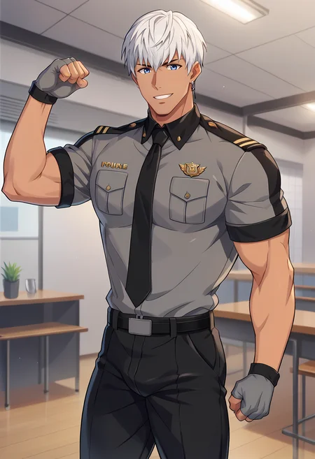 <lora:V2 CartoonyMen:1>, <lora:Oscar_Bale_-_Helios_Rising_Heroes:0.6>, score_9, score_8_up, score_7_up, 1boy, solo, male focus, flexing, masculine, (Cartoony), white hair, blue eyes, dark skinned male, earrings, oscarhelios, fingerless gloves, police uniform, black tie, grey gloves, black pants, bulge, plump pecs, male breasts, perfect proportions, perfect anatomy, smile, manly, handsome, macho, hunk, masculine, anime, BREAK
detailed background, indoors, police station
