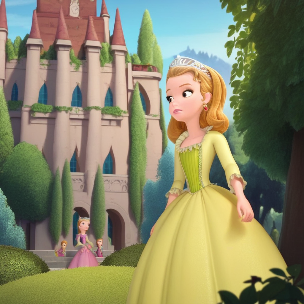 score_8, score_9, amber, tiara, blonde hair, earrings, dress, outdoors, castle