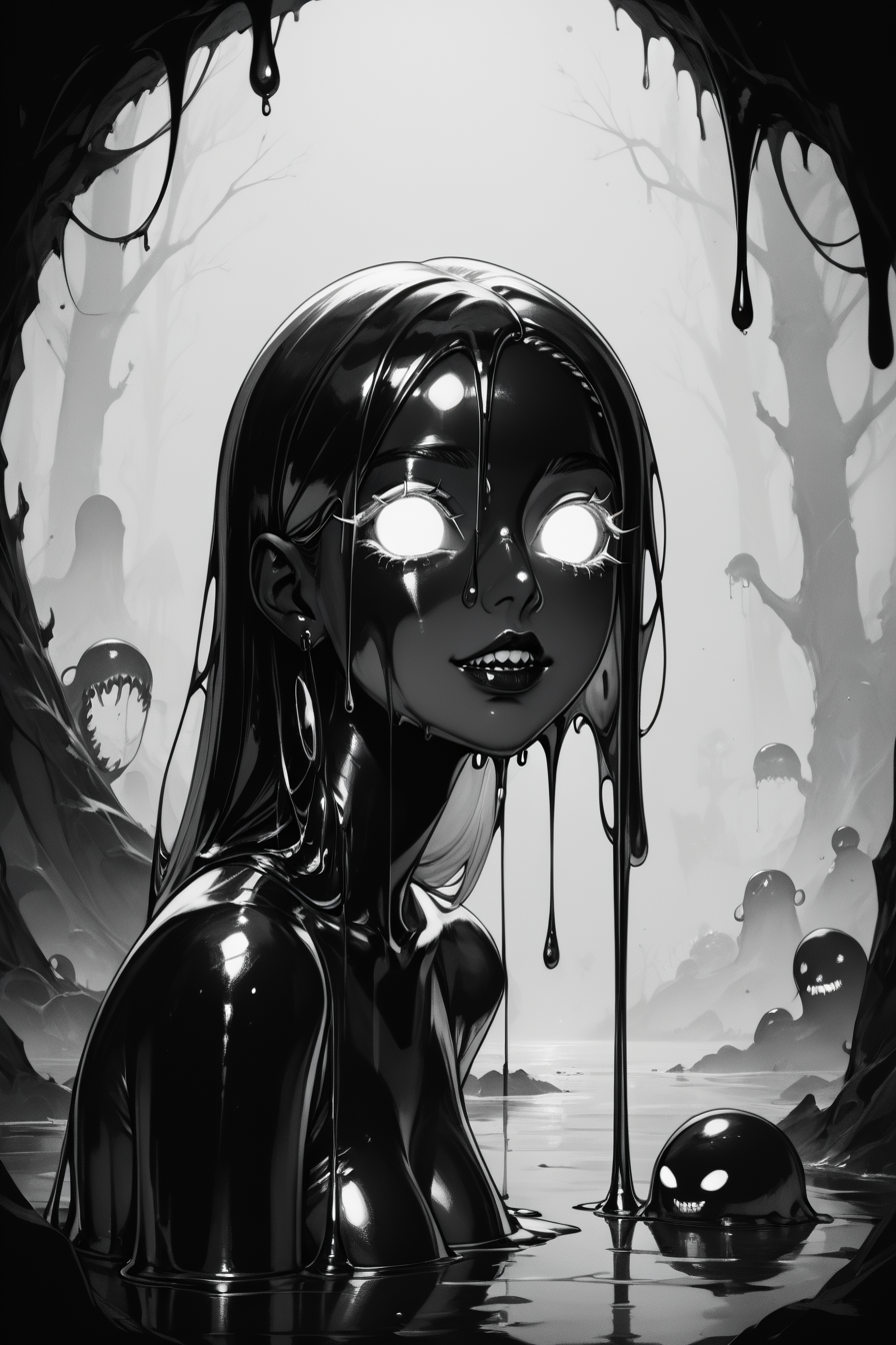 score_9, score_8_up, score_7_up, score_6_up, score_5_up, score_4_up, <lora:GRIM_v1:1>  greyscale, monochrome, limited palette, horror (theme), eldritch abomination, chaotic, silhouette,, <lora:wizardslimev15-t:1> wizardslimus, slime skin, transparent head, transparent body, transparent hair, transparent face, transparent, slime girl