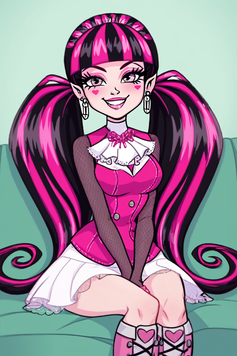 score_9, score_8_up, score_8, medium breasts, (curvy), cute, eyelashes,      ,,,  zzDraculaura, solo, twintails, multiclored hair, pink hair, black hair, pink eyes, pointy ears, earrings, fishnet sleeves, frilled sleeves, long sleeves, blunt bangs, monster high, pink vest, white skirt, pink knee boots,  <lora:Draculaura_MH_PDXL_v5:1.0>,  ,,, hand between legs, blush, smug,  ,,,  smile, looking at viewer, blush, blurry, couch, sitting,   ,,, <lora:Afrobull_PDXL_v5:0.8>, ,  ,,, BREAK,   smile, looking at viewer, cowboy shot,   embedding:zPDXL, Expressiveh, <lora:SDXLFaeTastic2400:0.5>,  <lora:Expressive_H-000001:0.4>,