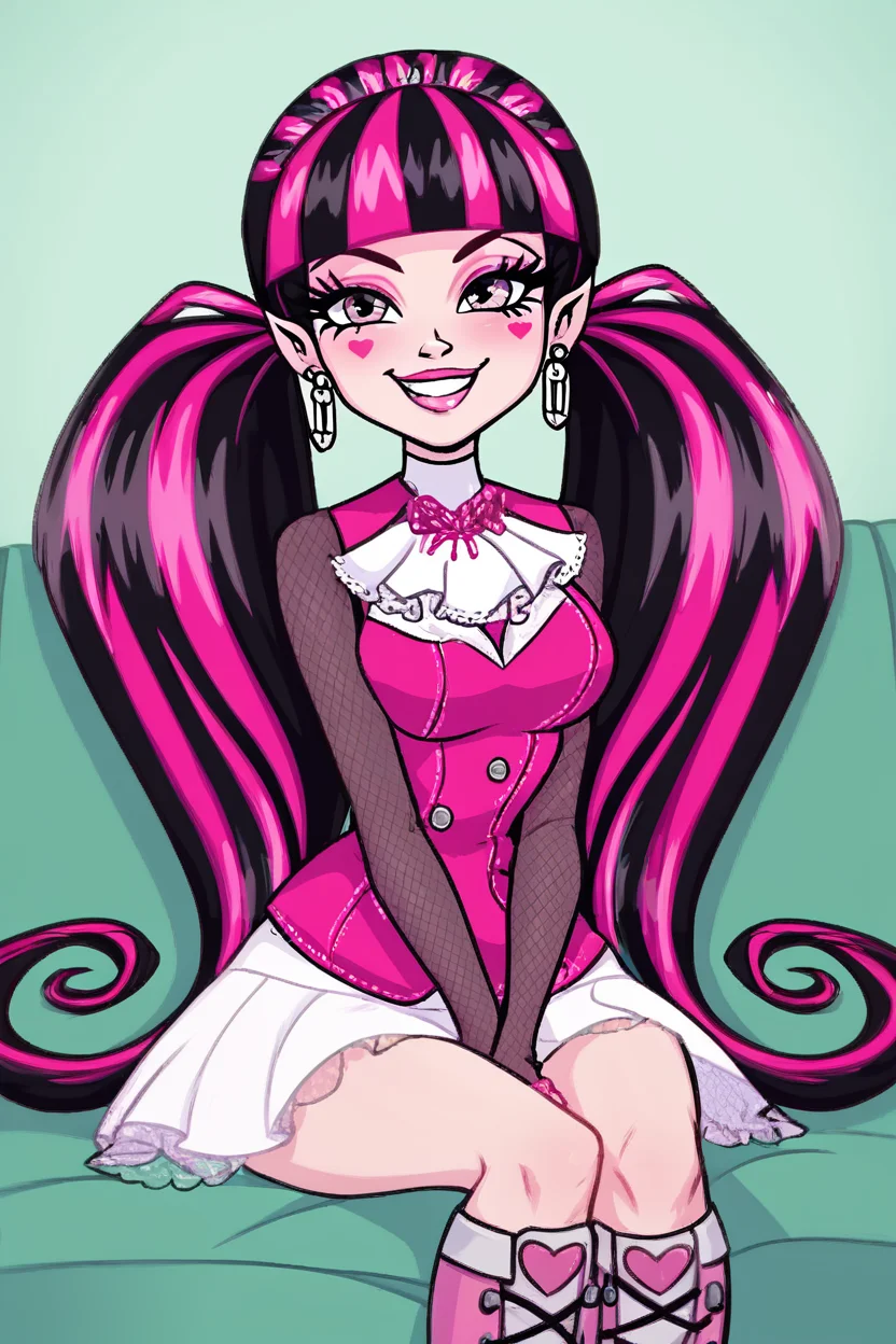 score_9, score_8_up, score_8, medium breasts, (curvy), cute, eyelashes, ,,, zzDraculaura, solo, twintails, multiclored hair, pink hair, black hair, pink eyes, pointy ears, earrings, fishnet sleeves, frilled sleeves, long sleeves, blunt bangs, monster high, pink vest, white skirt, pink knee boots, <lora:Draculaura_MH_PDXL_v5:1.0>, ,,, hand between legs, blush, smug, ,,, smile, looking at viewer, blush, blurry, couch, sitting, ,,, <lora:Afrobull_PDXL_v5:0.8>, , ,,, BREAK, smile, looking at viewer, cowboy shot, embedding:zPDXL, Expressiveh, <lora:SDXLFaeTastic2400:0.5>, <lora:Expressive_H-000001:0.4>,