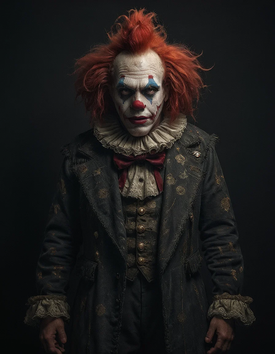 Fashion photography, full body, front view, a dark clown, macabre, dark circus costume, award-winning portrait, UHD, 8K, ultra detailed, award-winning, black background
