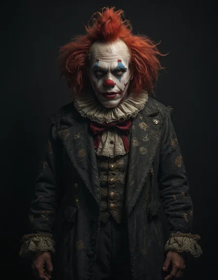 Fashion photography, full body, front view, a dark clown, macabre, dark circus costume, award-winning portrait, UHD, 8K, ultra detailed, award-winning, black background