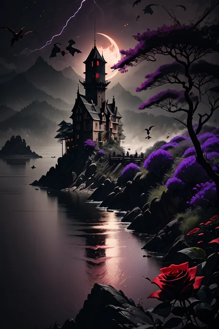 <lora:Calligraphy-ink-style-darquelilly-v1:1> calligraphyinkstyle, A medival vampire castle on a tower, surrounded by black and red roses that cover the entire landscape below the castle,mysterious magical atmosphere, volumetric lighting, night time, moonlight reflects in the water, black background, bats fly to the moon, everything is shrouded in violet mist, detail colour is purple, very dark lightning, <lora:dAIversity-LoRAtest-Photoreal-SD15-01:0.7>