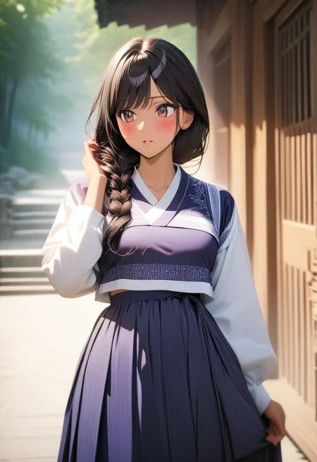 gorgeous lips, cinematic, (masterpiece), (best quality), (ultra-detailed), very aesthetic, illustration, perfect composition, intricate details, absurdres, detailed face, (anime, masterpiece, intricate:1.3), (best quality, hires textures, high detail, ultra detailed background:1.2), brown eyes,
1girl, tan skin, very long black hair, twin braids, wavy hair,medium breasts, perfecteyes, 8k, highest quality, ultra details,1girl, solo(indigo and purple korean style hanbok, indigo hanbok top, purple and indigo hanbok skirt,:1.4), indigo hair ribbon, slippers,standing under a wooden awning, ancient korean wooden village, heavy rain, mountainous land,happy, pursed lips, cinematic lighting, hair blowing in the wind, hanbok skirt blowing in wind, blush,fixing hair, holding skirt, (from front:1.4), cowboy shot, noon time, forest background