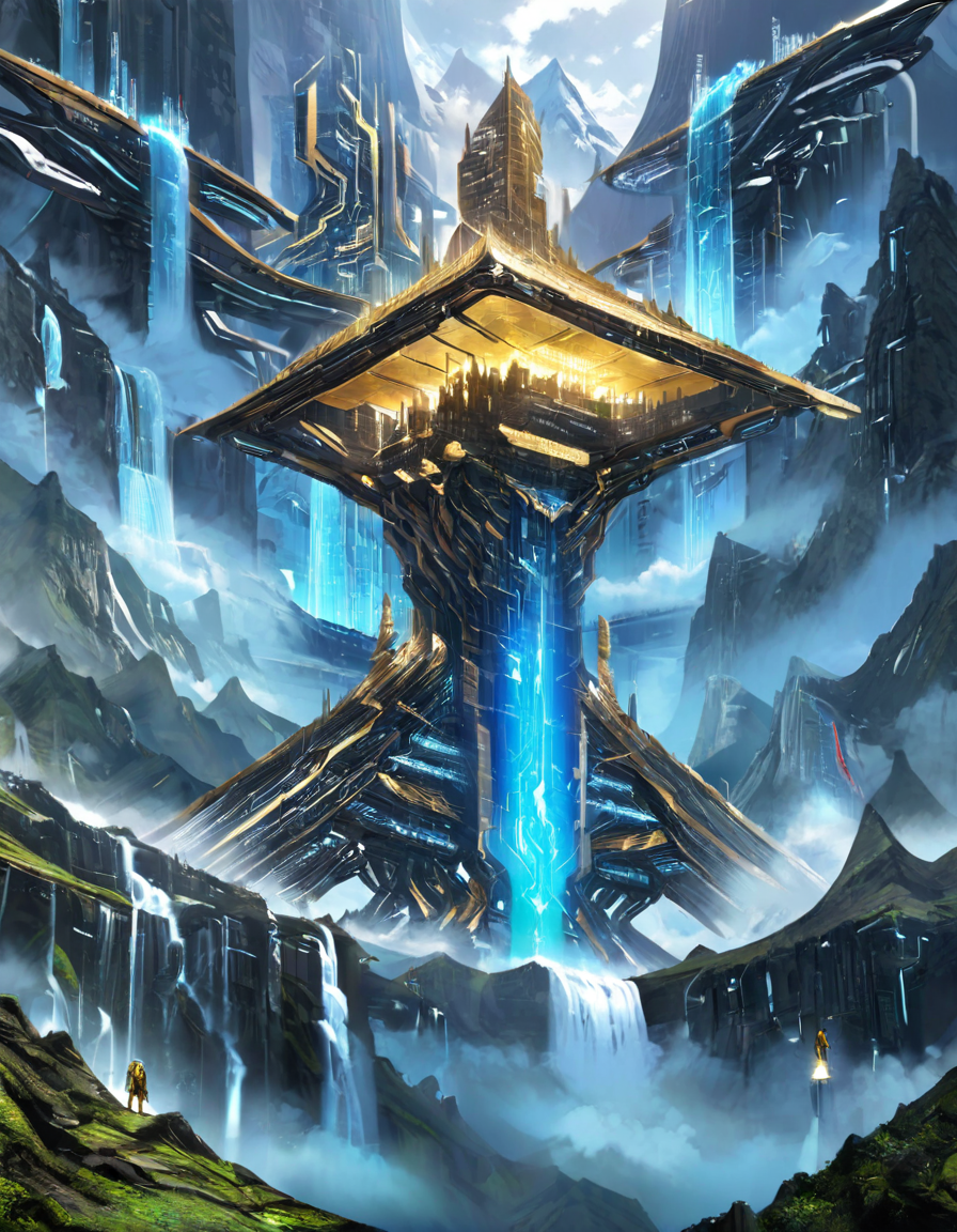 <lora:SW_Minis_7xlc:1> blue, brown, dark, day, epic scale, fantasy, furious, futuristic science fiction huge mega structure building, gold, illuminated, in the fog, mountains, t3, tiny humans under, waterfall, yellow