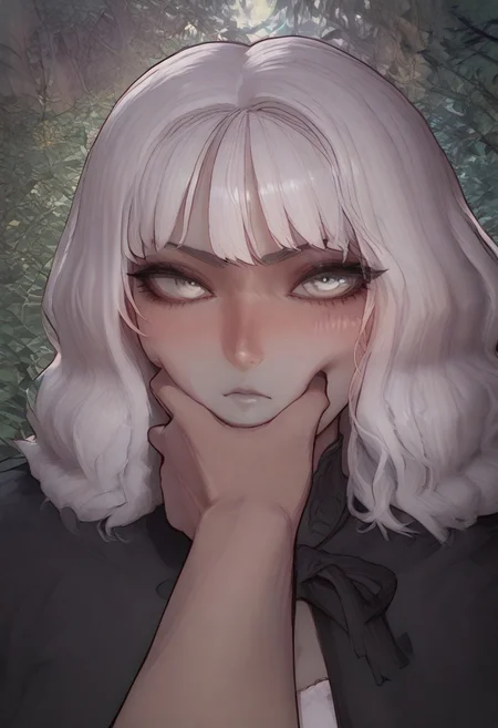 anime artwork, score_9, score_8_up, score_7_up, score_6_up, score_5_up, drowsinue, grey corset, grey cape, white shirt, black right arm, armor, white hair, wavy hair, medium hair, ((grey skin)), white eyes, masterpiece, best quality, serious, score_9, score_8_up, score_7_up, source_anime, close up, <lora:Floox_Style:1>, detailed eyes, detailed hair, povcheekgrabbing, solo focus, hand on another's face, white hand on face, pale hand,
