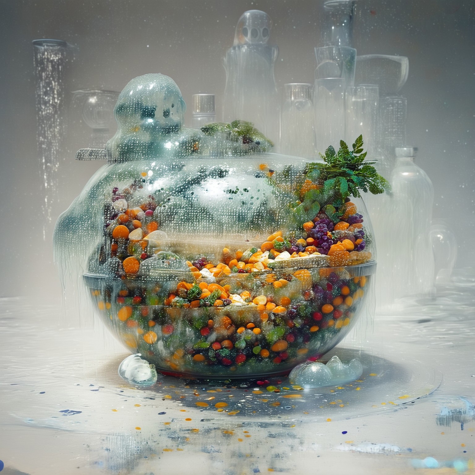 foodphoto, a bowl of fruit made out of slime, fruit in a bowl, fruit made of slime, fruit still life, bowl made of slime, table made of slime,
natural light, no bright spots, 
((translucent slime)), ((transparent slime)), made of water, (bioluminescent slime), sl1m3, slime, slime-morph, ais-blmn, saturated colors, no creatures, no humans, no monsters, no pokemon, scenery only, scenery, ral-lava, watce, food_focus, ral-fruitsalad