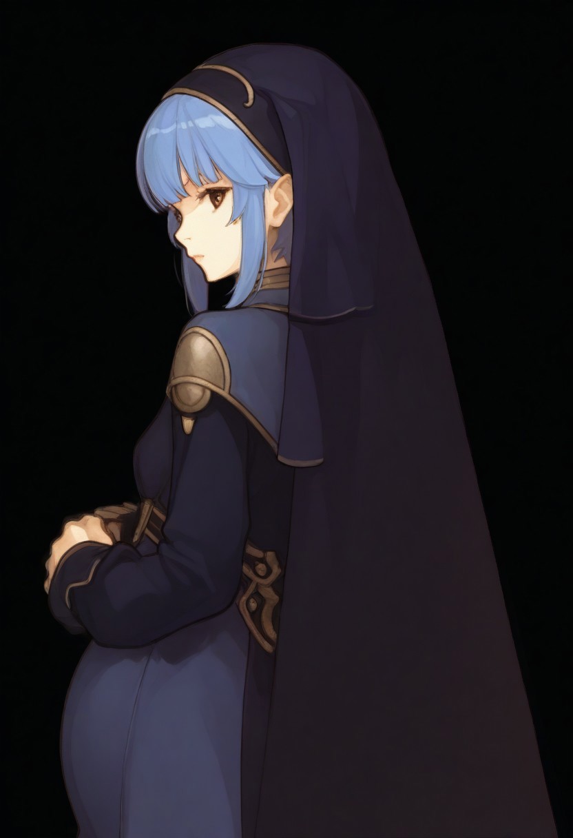 score_9, score_8_up, score_7_up, detailed, 
, clothed, pregnant, 
<lora:FE_Echoes_Shadows_of_Valentia_-_ArtStyle:1>, FE-Sh4d0ws, 1girl, solo, looking at viewer, short hair, simple background, long sleeves, white background, dress, brown eyes, blue hair, standing, upper body, looking back, from behind, veil, masterpiece, best quality, amazing quality, masterwork, cinematic light, harsh shadows, light and shadows, perfect composition, sidelocks,