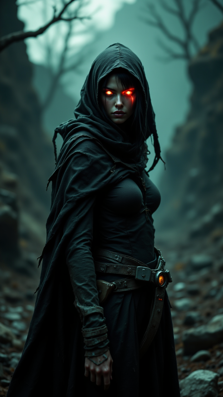 RAW photo, In the heart of a dark, barren wasteland, a female Cyborg with glowing red eyes and piercing green eyes stands tall. aidmafluxpro1.1
