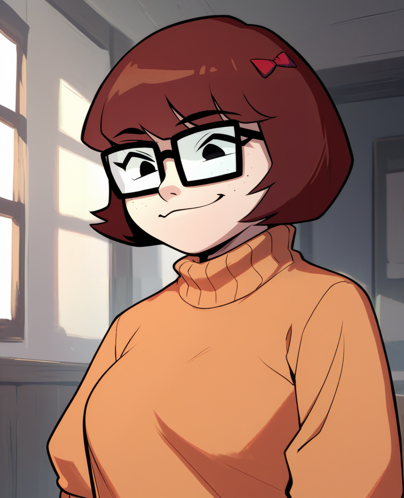 score_9, score_8_up, score_7_up,  VelmaxlD, brown hair, short hair, glasses, black eyes, orange sweater, skirt, standing, upper body,  light smile,  <lora:VelmaxlD:0.9> 
indoors,