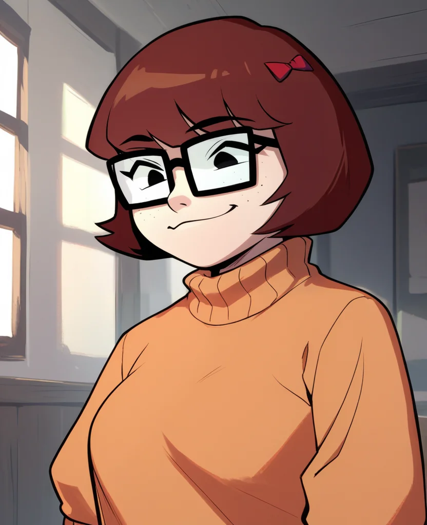 score_9, score_8_up, score_7_up, VelmaxlD, brown hair, short hair, glasses, black eyes, orange sweater, skirt, standing, upper body, light smile, <lora:VelmaxlD:0.9>
indoors,