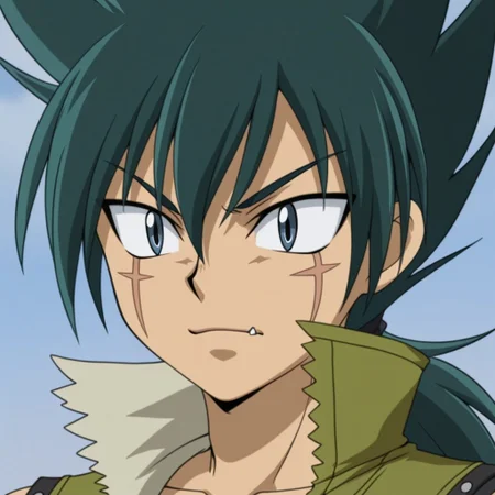 1boy, kyoya, face focus, fang, scar on face, green hair, ponytail, blue eyes