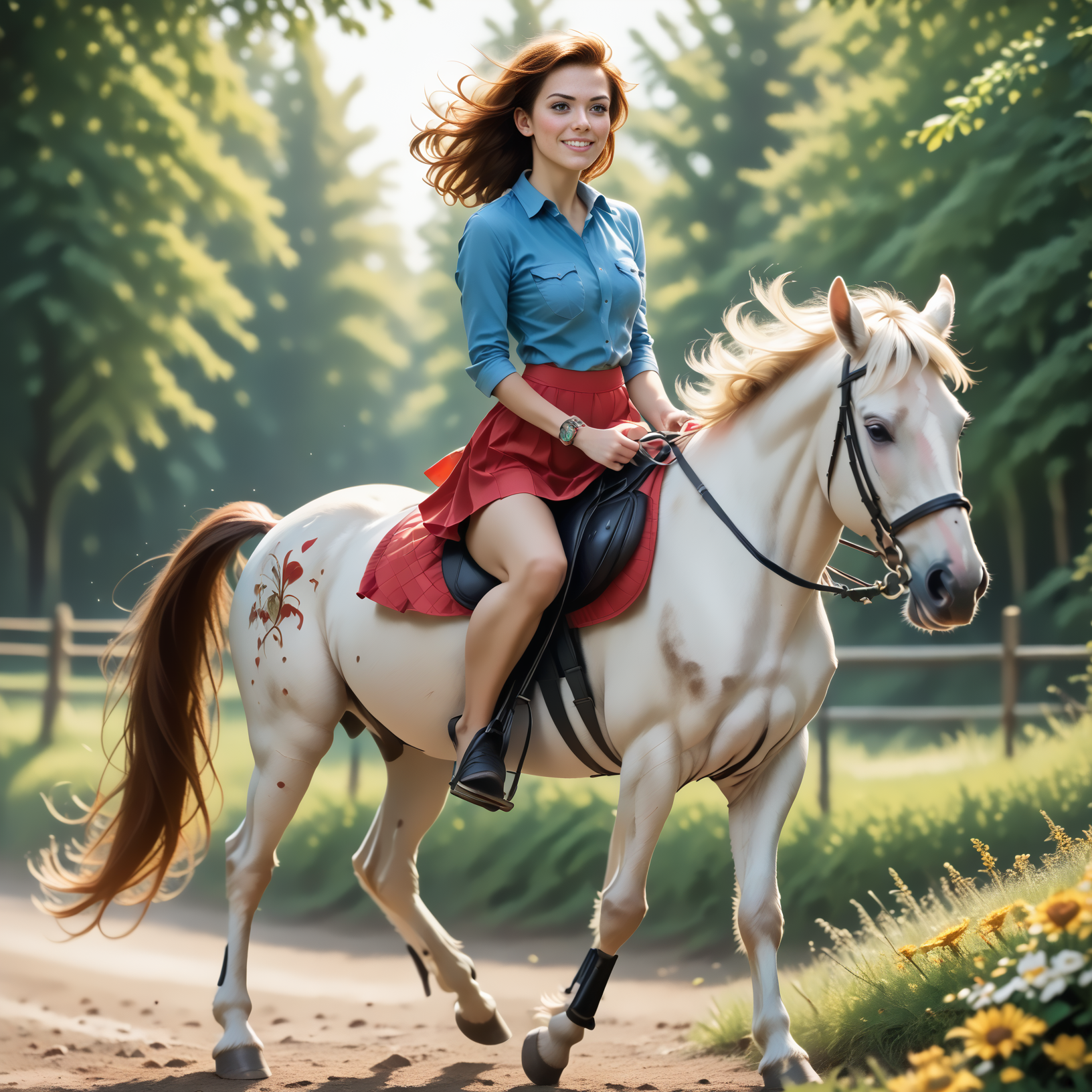 score_9, score_8_up, score_7_up, BREAK, RiHorse, front_view++ (slim 25yo female) riding a galloping horse. The female wears red short skirt and blue shirt. The female has long brunette hair    <lora:RideHorsePony:.8>