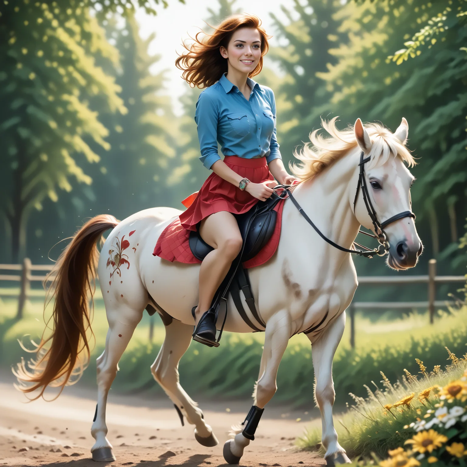 score_9, score_8_up, score_7_up, BREAK, RiHorse, front_view++ (slim 25yo female) riding a galloping horse. The female wears red short skirt and blue shirt. The female has long brunette hair <lora:RideHorsePony:.8>