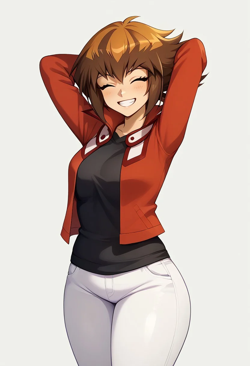 score_9, score_8_up, source_anime, highly detailed, 1girl, solo,
jaden, 1girl, female focus, cute girl, kawaii, perfthig, thick thighs, wide hips, plump, curvy, thin arms, narrow shoulders, solo, brown hair, duel academy uniform (yu-gi-oh! gx),black shirt, red jacket, pants, multicolored hair, two-tone hair, smile, upper body, grin, closed eyes, happy, hands behind head,
indoor,