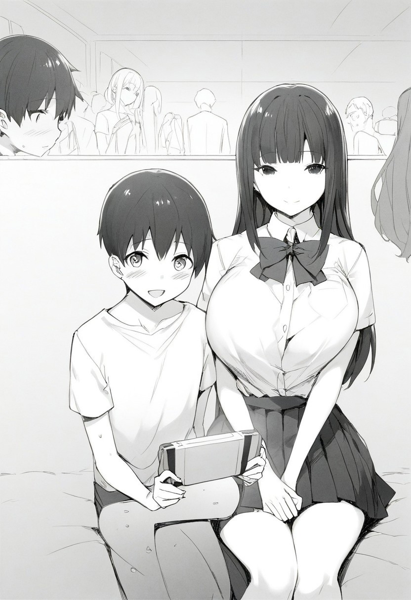 skirt, original, bow, sfw,2girls, monochrome, holding, shiny hair, blush, holding game console, black and white, game console, 1boy, shiny_skin, multiple girls, looking at viewer, open_shirt, skirt set, long hair, sitting, black hair, open_clothes, shirt, bowtie, breasts, console_games, shiny hair, sweat_drop, eyebrows visible through hair, black bow, medium hair, gamepad, shiny skin, black bowtie, long skirt, pleated_skir,
 (score_9, score_8_up, score_7_up),skyart