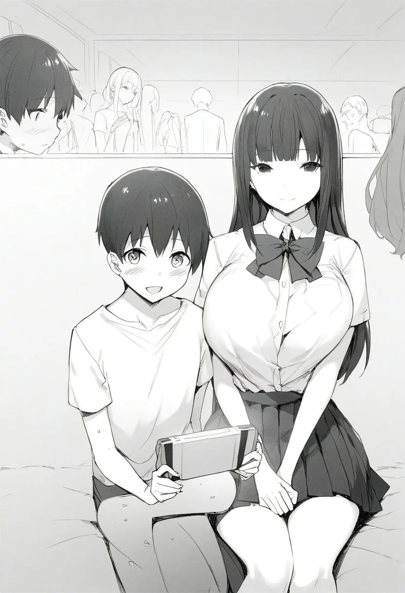 skirt, original, bow, sfw,2girls, monochrome, holding, shiny hair, blush, holding game console, black and white, game console, 1boy, shiny_skin, multiple girls, looking at viewer, open_shirt, skirt set, long hair, sitting, black hair, open_clothes, shirt, bowtie, breasts, console_games, shiny hair, sweat_drop, eyebrows visible through hair, black bow, medium hair, gamepad, shiny skin, black bowtie, long skirt, pleated_skir,
 (score_9, score_8_up, score_7_up),skyart