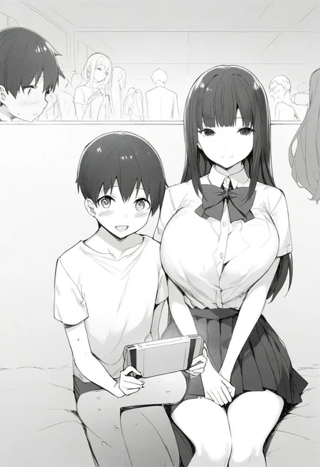 skirt, original, bow, sfw,2girls, monochrome, holding, shiny hair, blush, holding game console, black and white, game console, 1boy, shiny_skin, multiple girls, looking at viewer, open_shirt, skirt set, long hair, sitting, black hair, open_clothes, shirt, bowtie, breasts, console_games, shiny hair, sweat_drop, eyebrows visible through hair, black bow, medium hair, gamepad, shiny skin, black bowtie, long skirt, pleated_skir,
(score_9, score_8_up, score_7_up),skyart