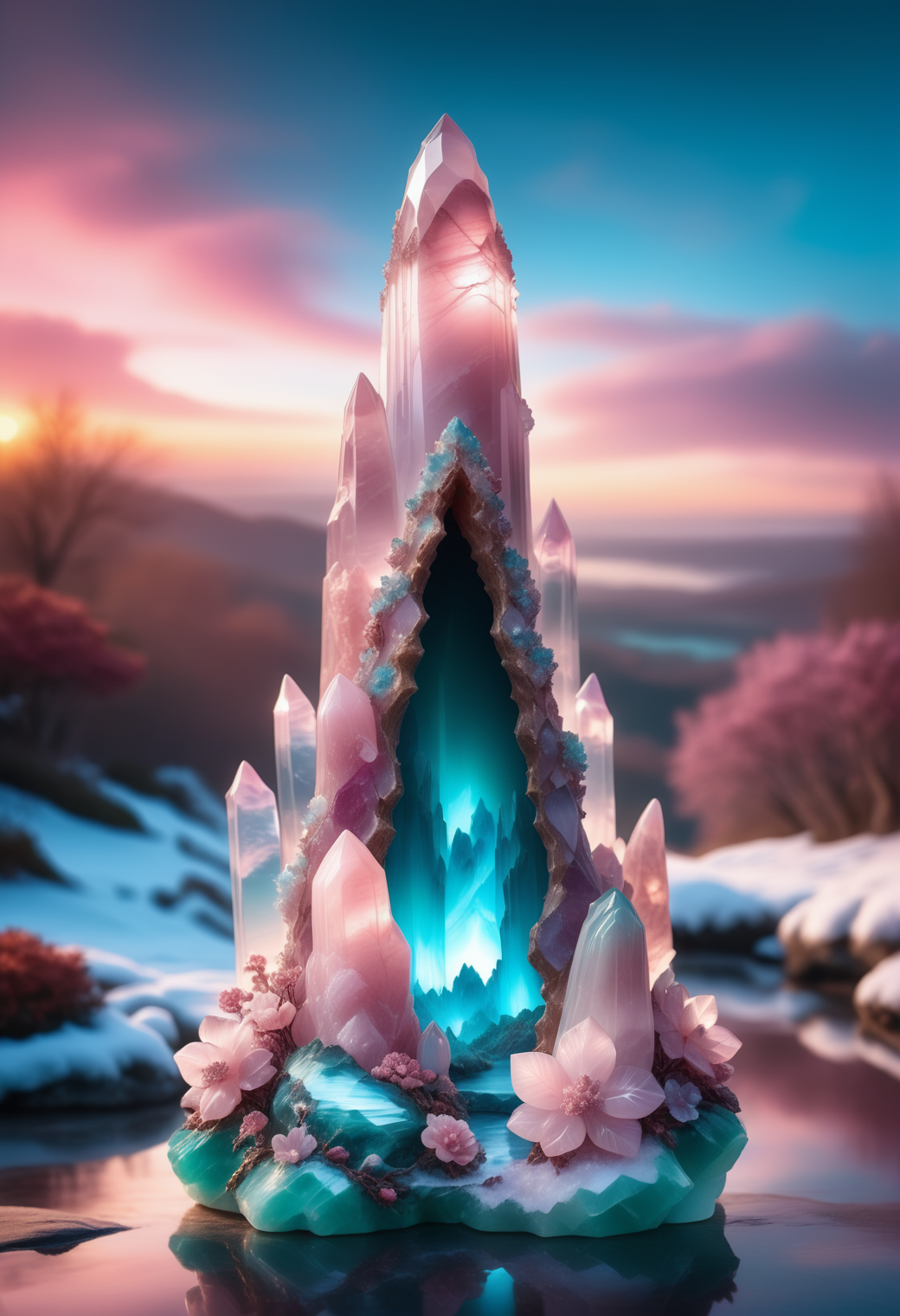 made out of reij-rsqrtzjd <lora:rosequartzjade-000007:1>, Flustered, hyper detailed, landscape of a Ugly (Crystal Spire:1.2) , flowers, Winter, Thriftcore, Liminal dream, trending on artstation, intricate, fantastic aesthetic, cute, holy, stunning detail, luxurious sharp focus