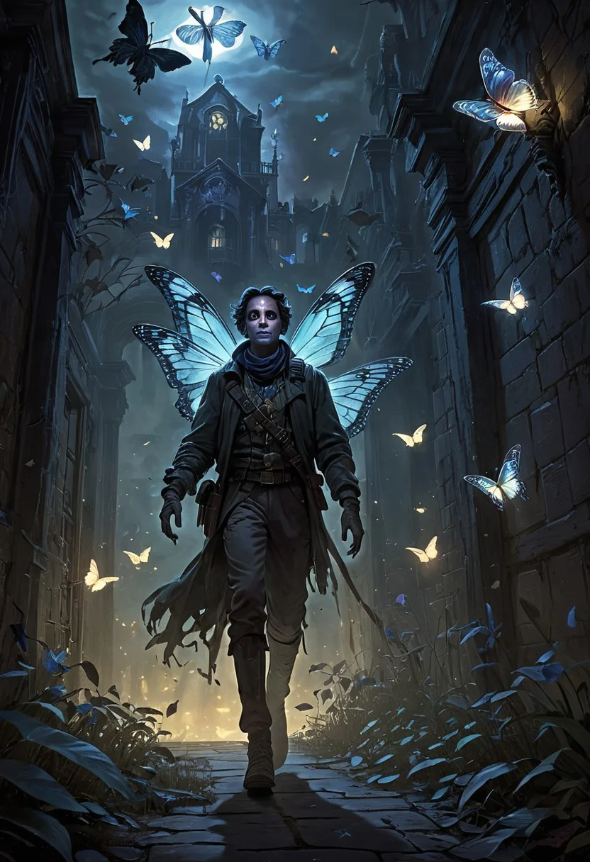 A haunted mansion with ghostly apparitions and eerie sounds, a brave hero exploring the dark hallways, guided by glowing butterflies, once human, gaming artwork,