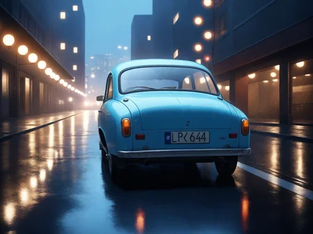 professional 3d model cinematic film still breathtaking anime artwork light blue 60s polish compact car, riding on empty road during rainy night, wet asphalt reflecting the lights of street lamps on the road, illuminated buildings of a modern city in the background epic still shoot <lora:add-detail-xl:1> <lora:60s polish compact car:1> . anime style, key visual, vibrant, studio anime, highly detailed . award-winning, professional, highly detailed . shallow depth of field, vignette, highly detailed, high budget Hollywood movie, bokeh, cinemascope, moody, epic, gorgeous, film grain, grainy . octane render, highly detailed, volumetric, dramatic lighting