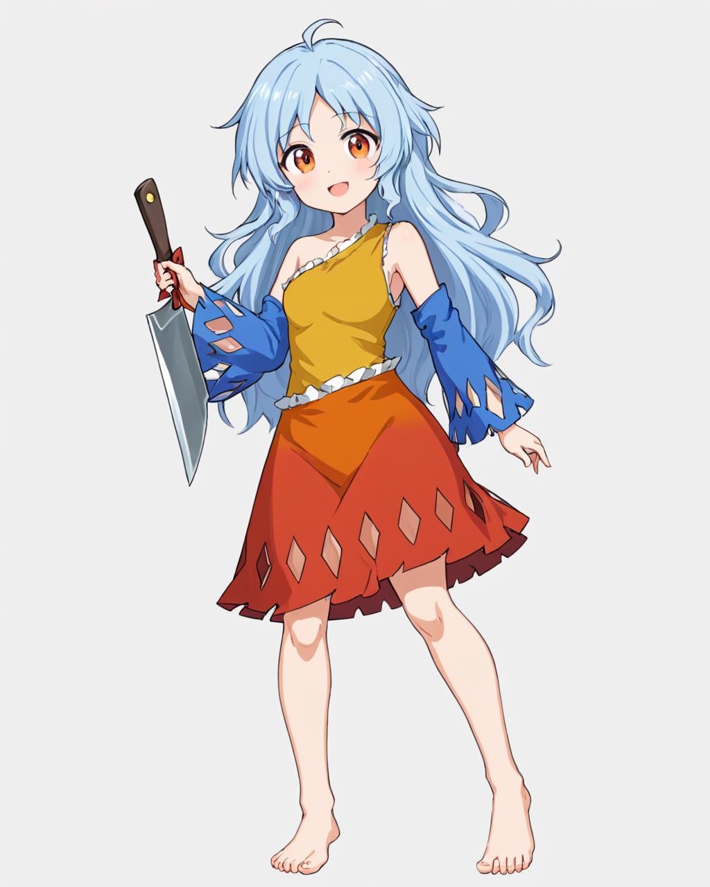 sakata nemuno,1girl, solo, barefoot, single_strap, full_body, multicolored_dress, detached_sleeves, open_mouth, simple_background, white_background, orange_dress, smile, looking_at_viewer, korean_text, red_dress, bare_shoulders, yellow_dress, blue_sleeves, nata_\(tool\), toes, cleaver, medium_breasts, holding_weapon, standing
<lora:sakata_nemuno_image573_2023-12-20-000015:1>,star-shaped_pupils,symbol-shaped_pupils,. gorgeous,key visual, vibrant, studio anime,award-winning, professional, highly detailed,high budget, cinemascope