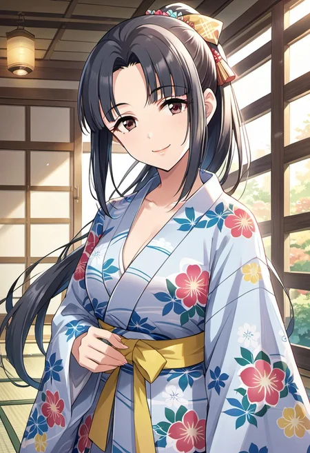 score_9, score_8_up, score_7_up, source_anime,mizuno midori, black hair, long hair, ponytail, brown eyes, 1girl, japanese clothes, solo, floral print, looking at viewer, smile, yukata, ribbon