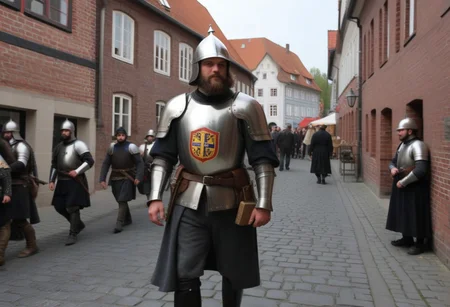 masterpiece, north german downtown, city guard, walking, medieval talbard, open helmet, beard, shield, heraldry, focus on subject, sunshine, brick walls, cobblestone, detailed background, medieval crowd